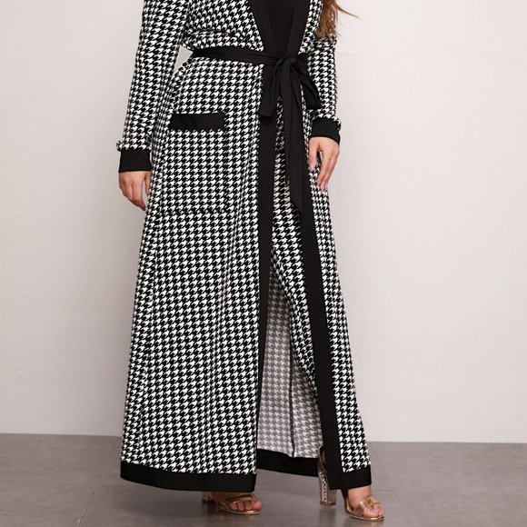 Black Casual Womens Patch Pocket Belted Houndstooth Coat & Leggings Set - Picture 4 of 5